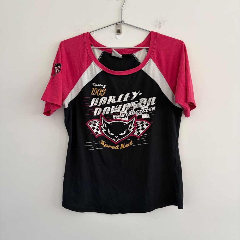 Harley Davidson Speed Kat Racing 1903 Raglan Tee Pink Black Large